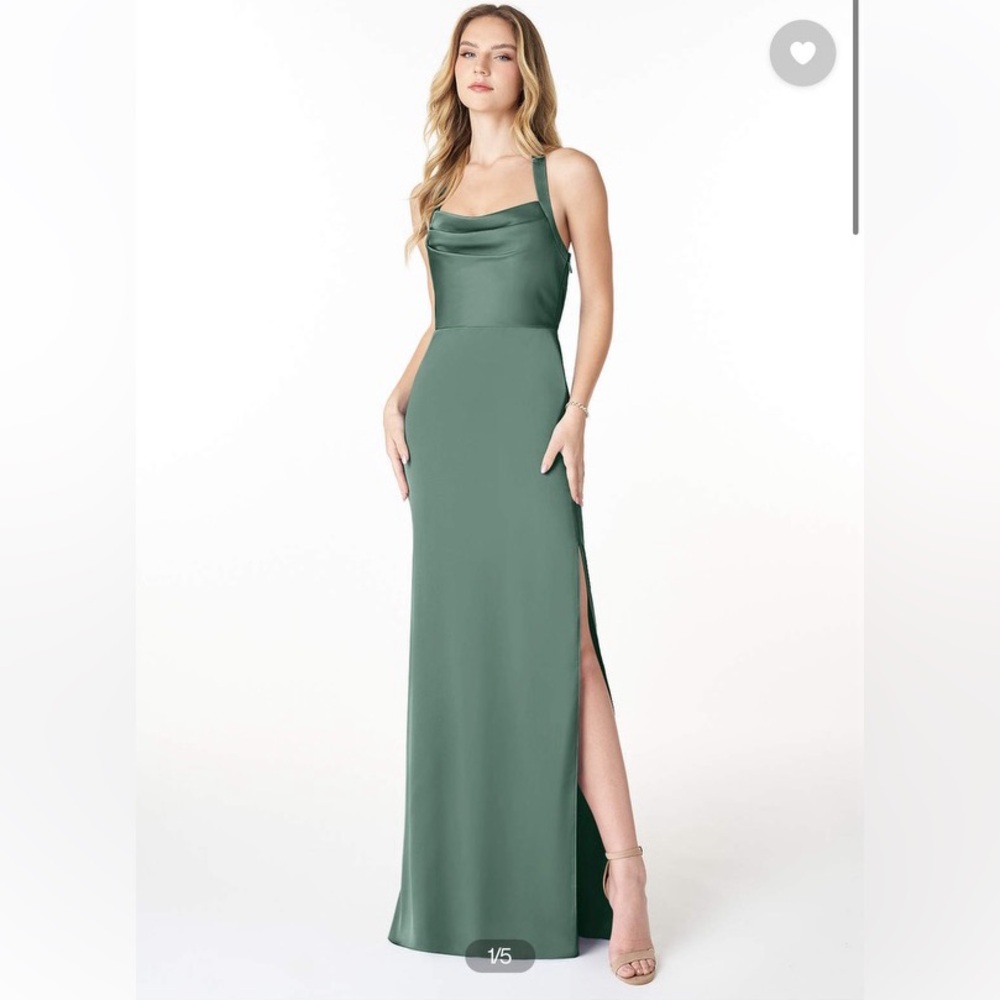 Azazie Myla Satin Floor-Length Dress
Color: Eucalyptus